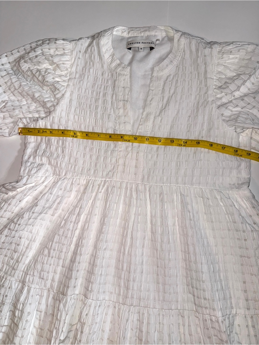 English Factory Gingham Tiered Midi Dress Puff Bow TieSleeves VNeckHN657D Medium - Picture 8 of 15